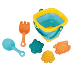 Komplet za pesek z zložljivim vedrom, lopatko, grabljicami in modelčki morskih živali.