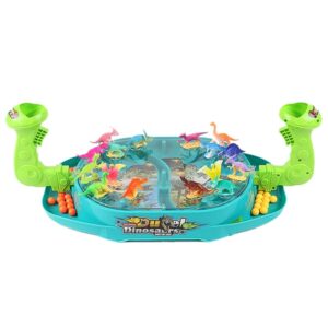 Namizna igra Dinozauri Battle z zelenima izstreljevalnikoma in figuricami dinozavrov.