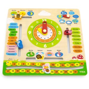 Lesena učna ura s koledarjem in vremenskimi simboli za otroke.