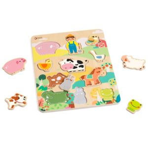 Lesena sestavljanka z gobami, živalmi in ribicami za otroke.