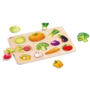 Otroška lesena sestavljanka s sadjem in zelenjavo.