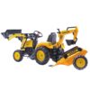 Rumeni otroški traktor z nakladalnikom in bagrom v akcijskem položaju.