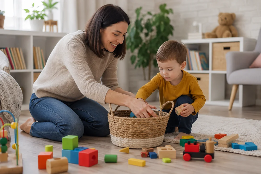 Mama in otrok se igrata z lesenimi kockami