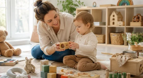 Igrače glede na starost. Mama in malček se igrata z lesenimi igračami