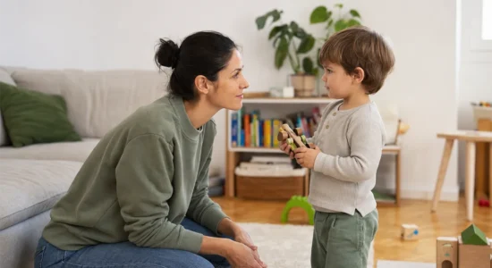 Malček ne posluša starše. Mama posluša malčka z igračo v dnevni sobi