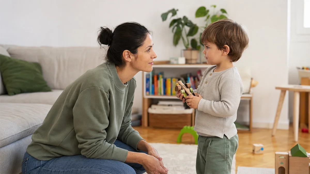Malček ne posluša starše. Mama posluša malčka z igračo v dnevni sobi