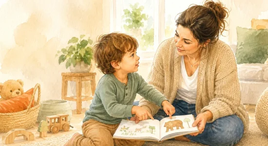 Mama in otrok bereta slikanico z medvedom