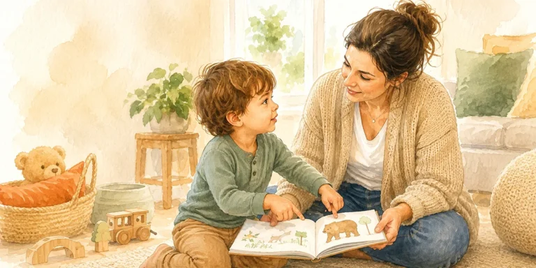 Mama in otrok bereta slikanico z medvedom